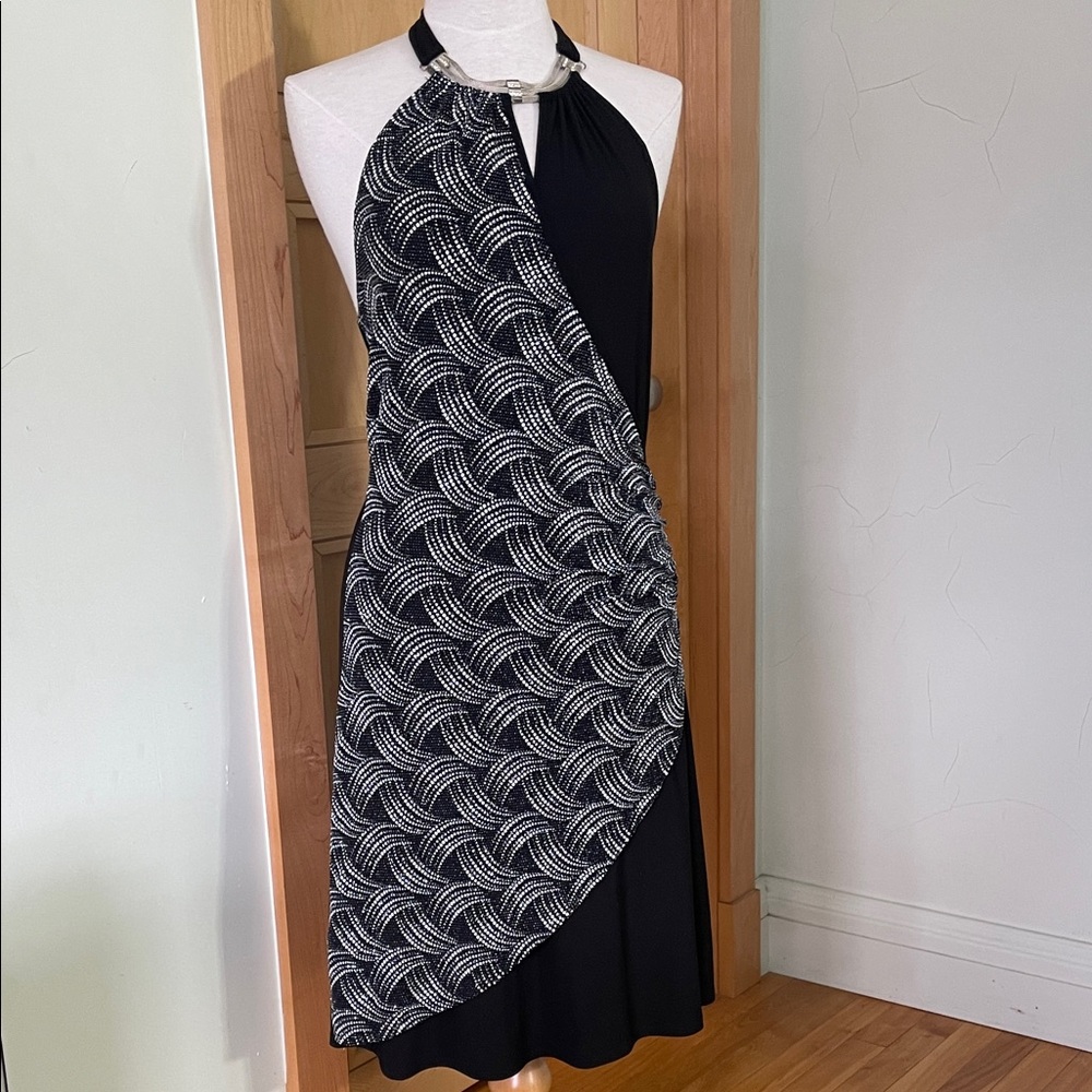 Black Halter Wrap-Style Dress with Wave Print Overlay Rhinestone Beads, Size S/M